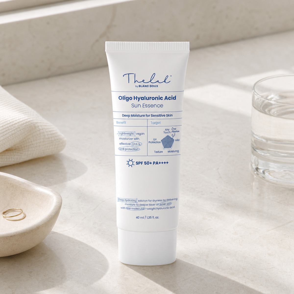 [THE LAB by BLANC DOUX] Oligo Hyaluronic Acid Sun Essence 40ml - Routine still life PDP image
