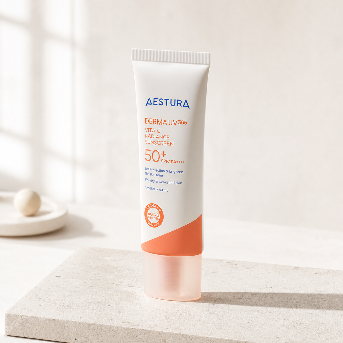 [Aestura] Derma UV 365 VITA-C Radiance Sunscreen 40ml - Routine still life PDP image