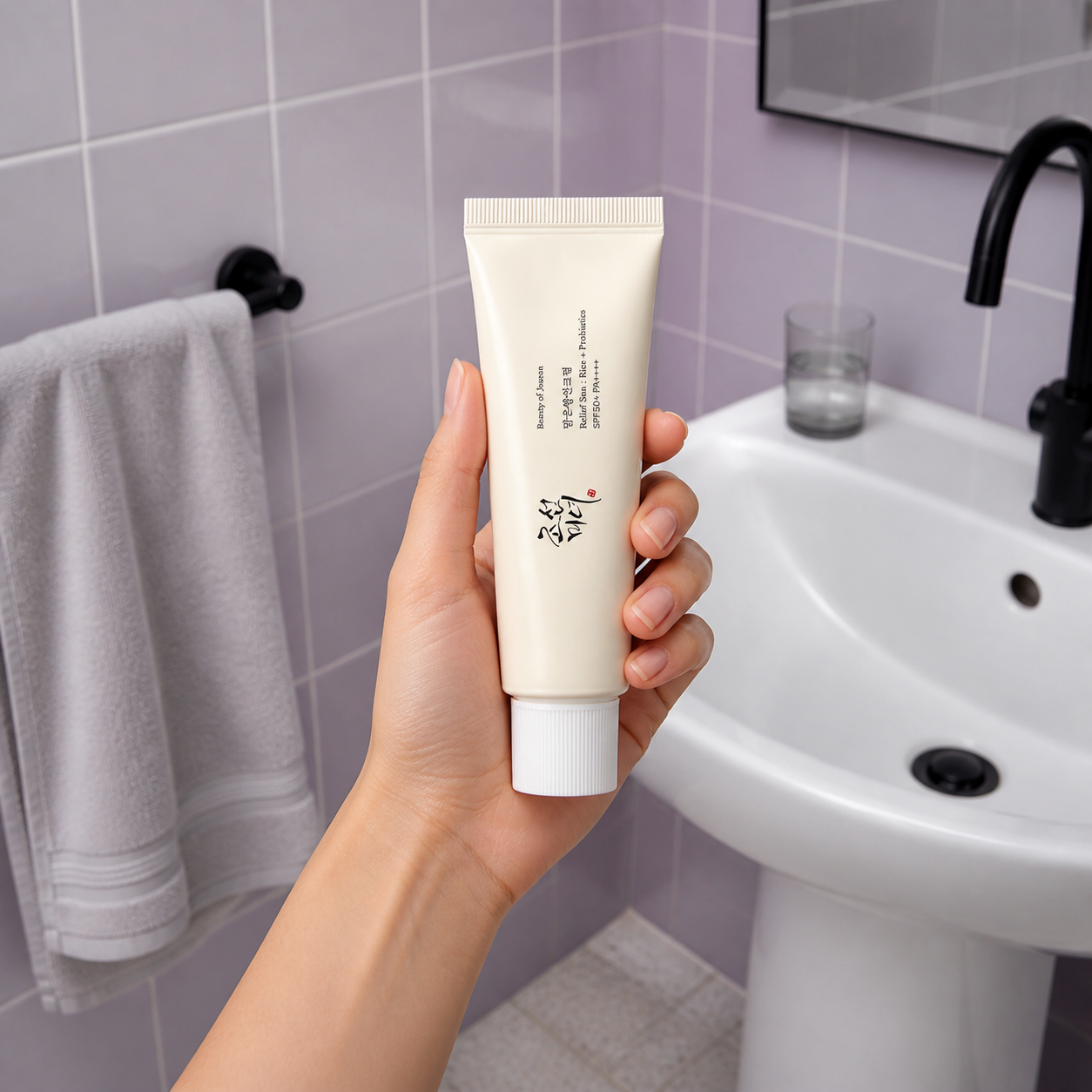 [BeautyOfJoseon] Relief Sun : Rice + Probiotics 50ml — strict-quality-v1 — 04-hand-scale-lilac-bathroom