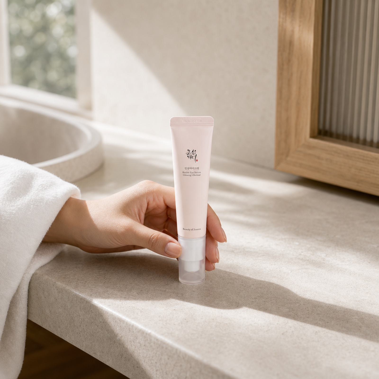 Beauty of Joseon Revive Eye Serum held naturally to show small 30 ml product scale