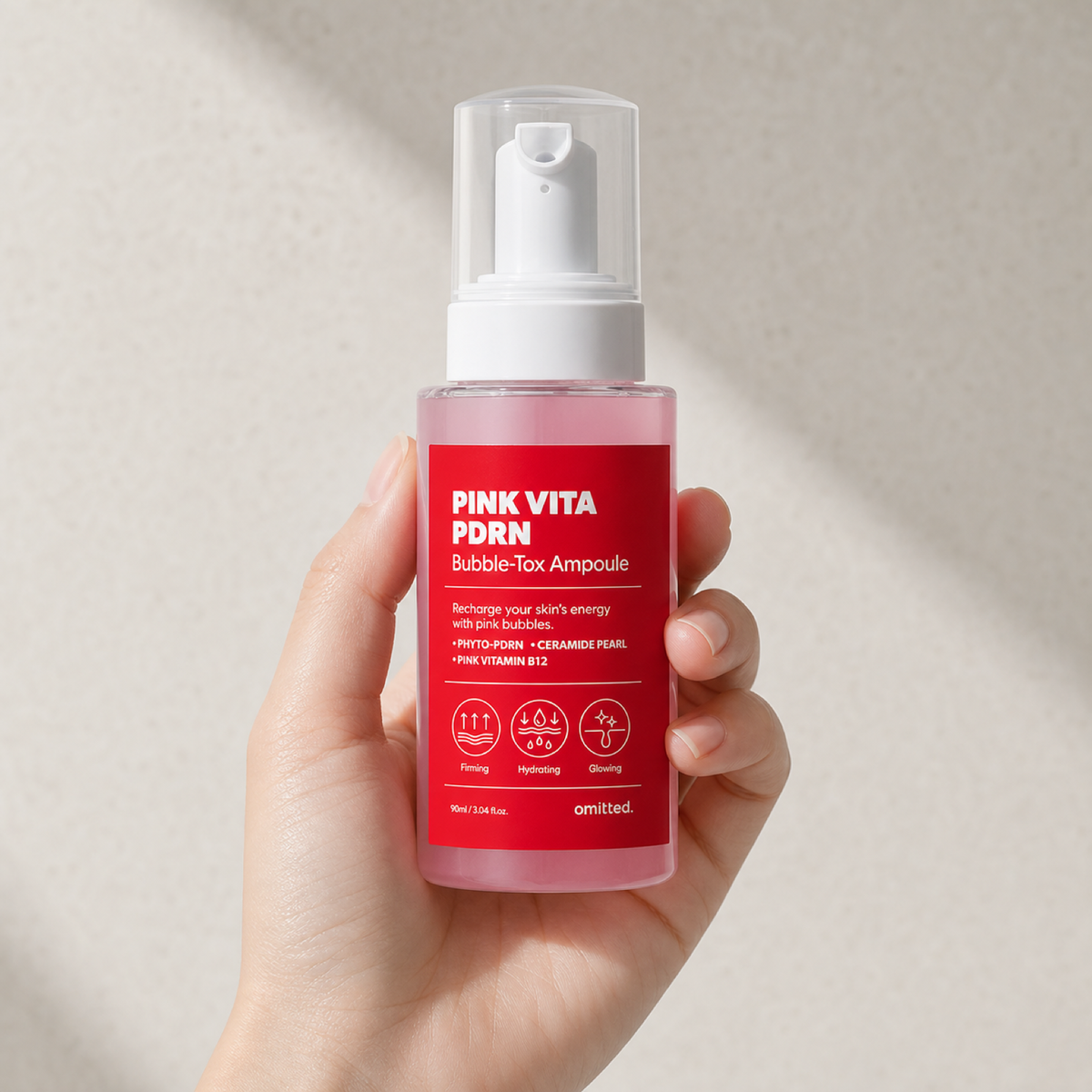 [Omitted] Pink Vita PDRN Bubble-Tox Ampoule 90ml - Hand scale moment PDP image