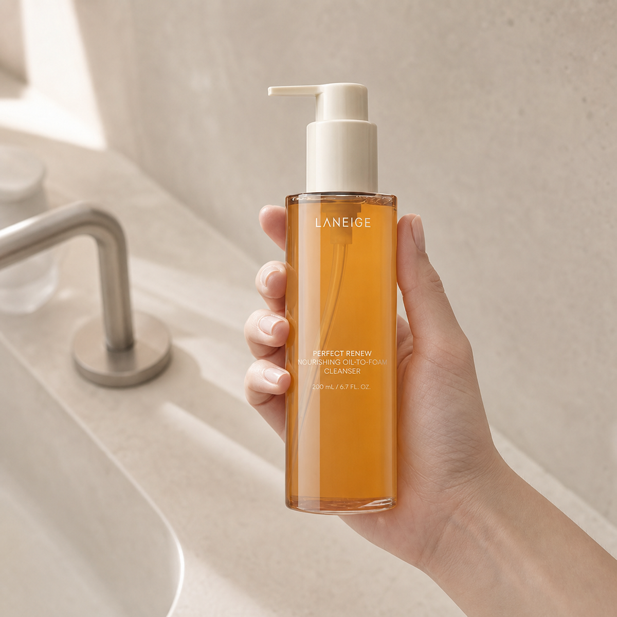 [Laneige] Perfect Renew Nourishing Oil-To-Foam Cleanser 200ml - Hand scale moment PDP image