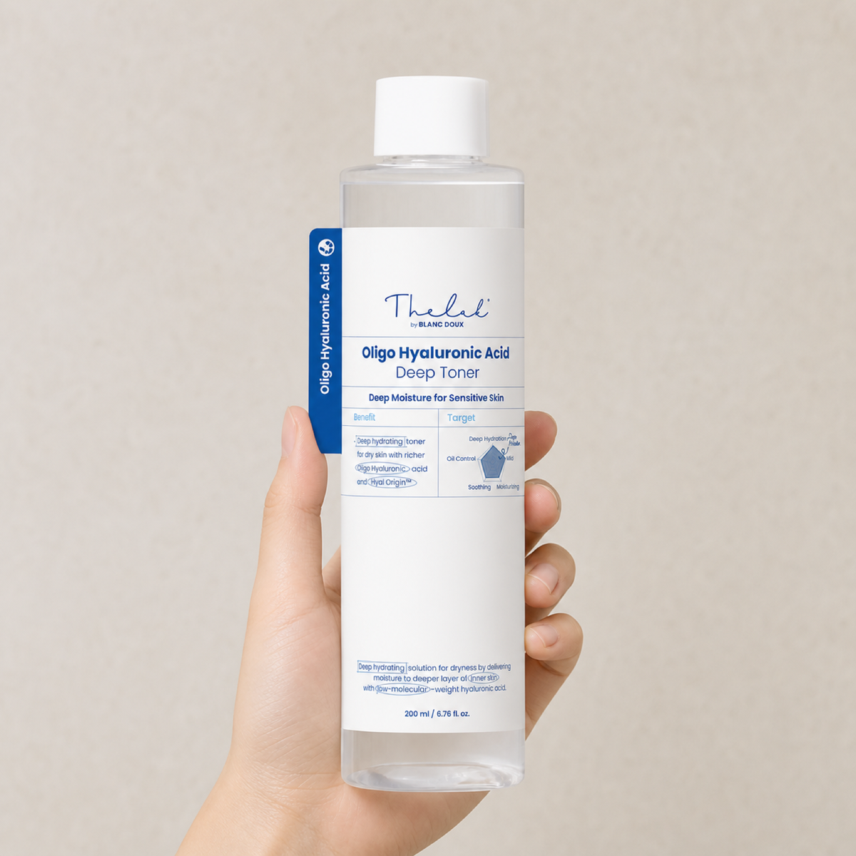 [THE LAB by BLANC DOUX] Oligo Hyaluronic Acid Deep Toner 200ml - Hand scale moment PDP image