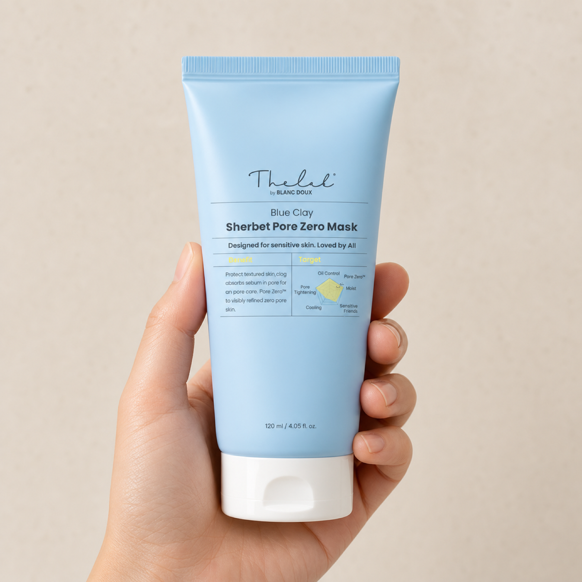[THE LAB By BLANC DOUX] BlueClay Sherbet Pore Zero Mask 120ml - Hand scale moment PDP image