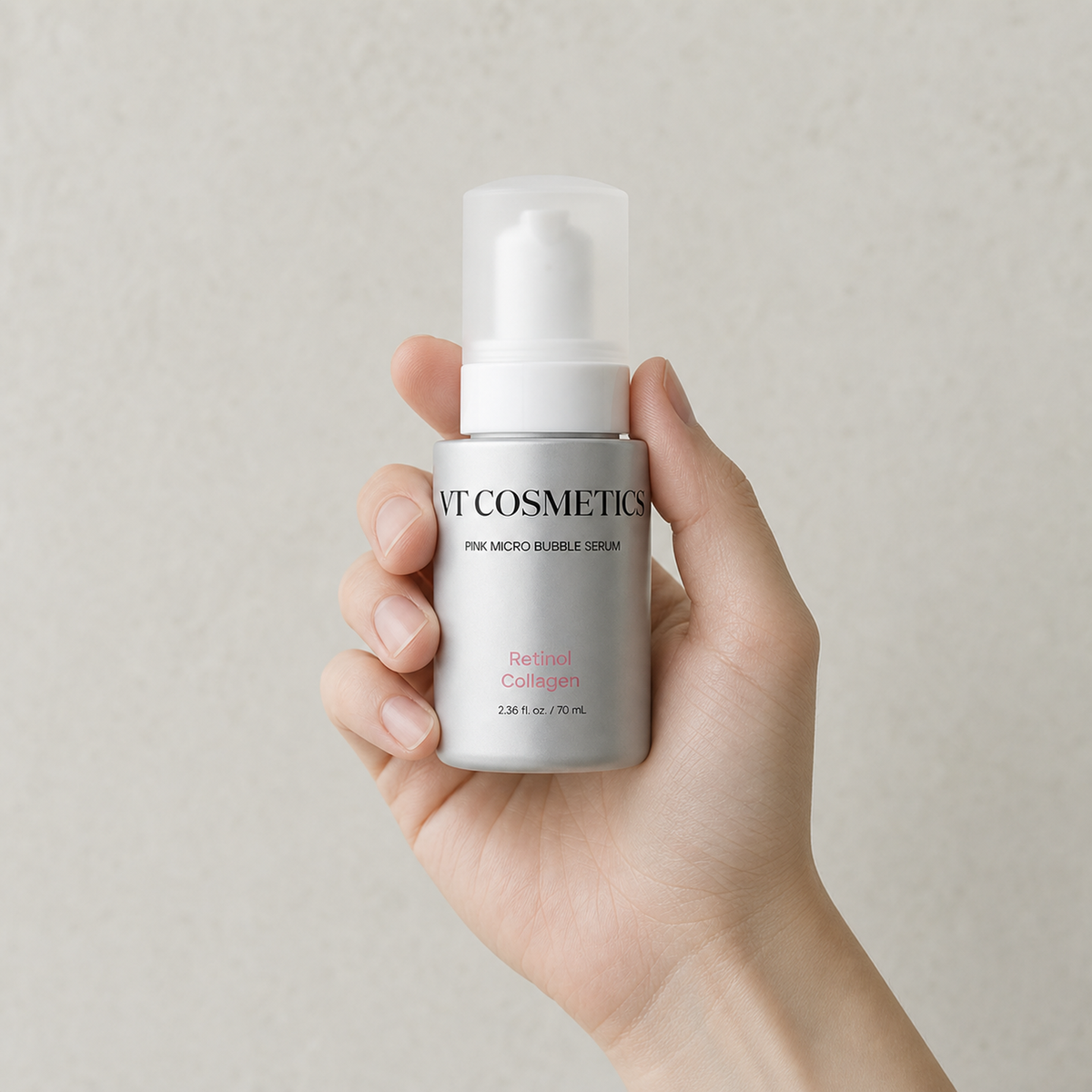 [VT Cosmetics] Retinol Collagen Pink Micro Bubble Serum 70ml - Hand scale moment PDP image