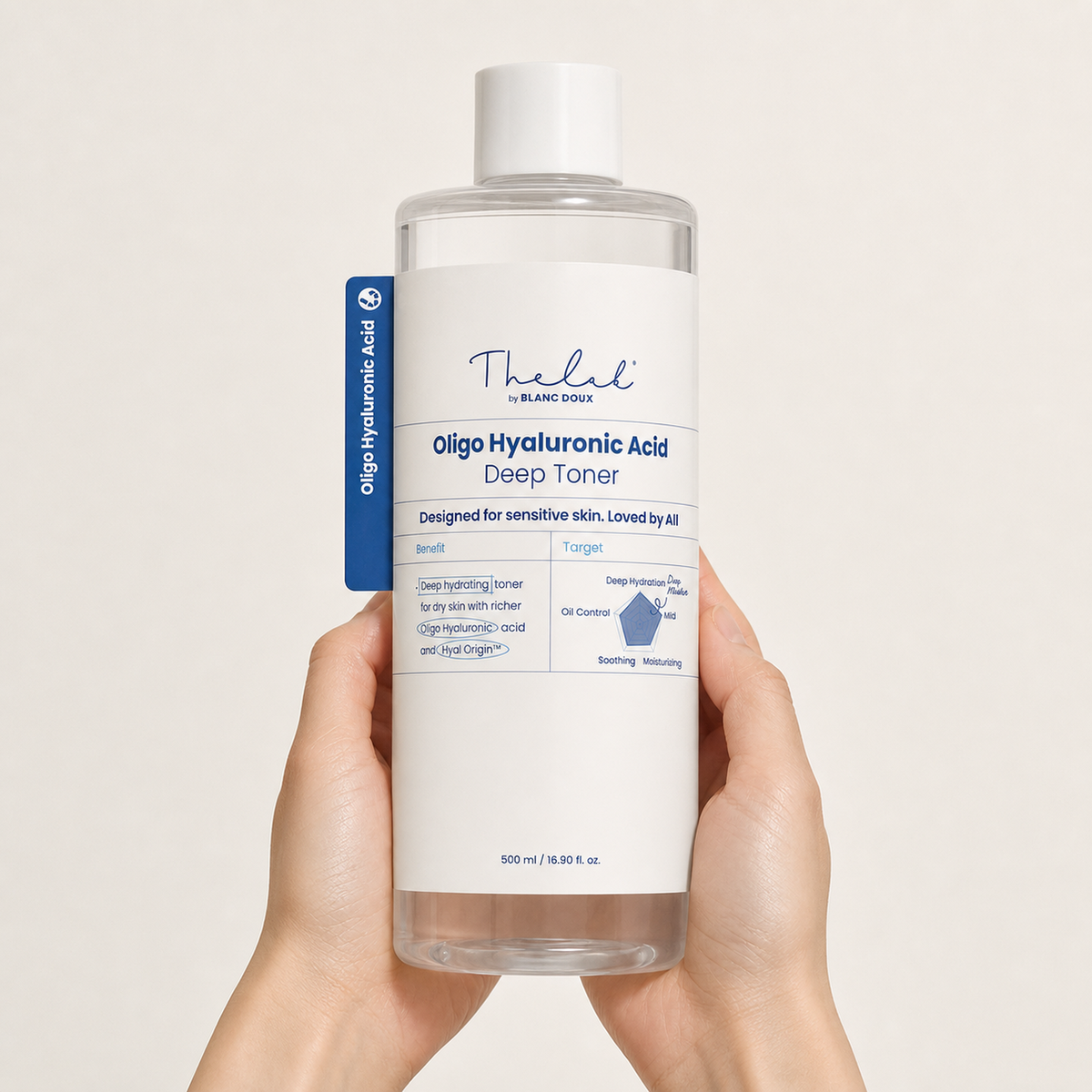 [THE LAB by BLANC DOUX] Oligo Hyaluronic Acid Deep Toner 500ml - Hand scale moment PDP image