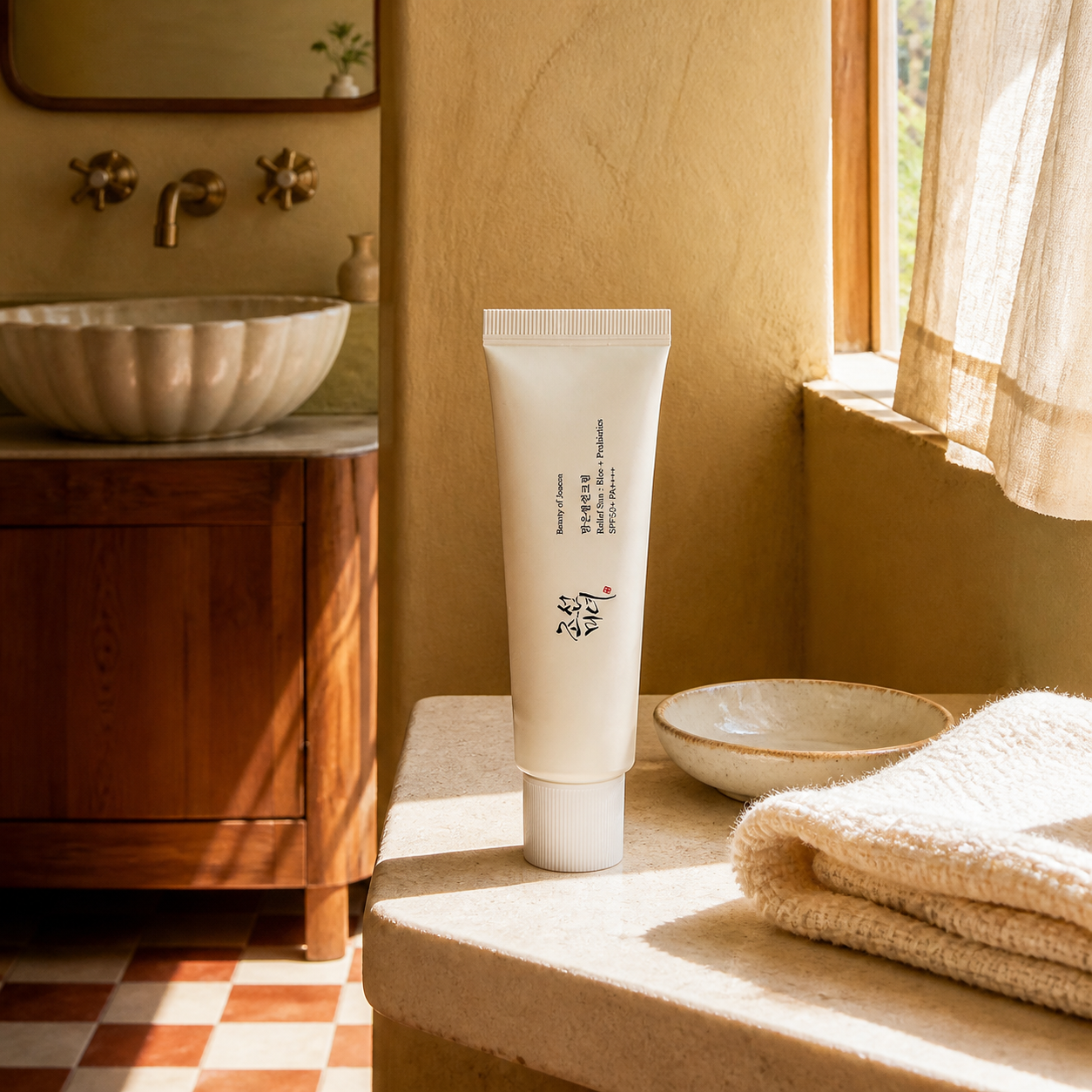 [BeautyOfJoseon] Relief Sun : Rice + Probiotics 50ml — strict-quality-v1 — 05-ochre-bathroom-wide