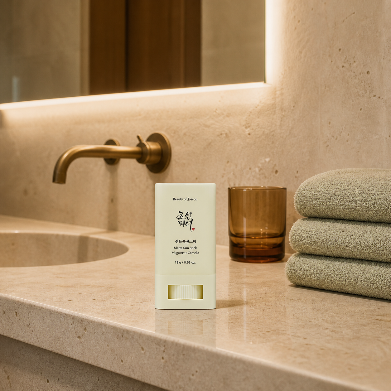 [BeautyOfJoseon] Matte Sun Stick : Mugwort + Camelia 18g — strict-quality-v1 — 05-travertine-hotel-bathroom