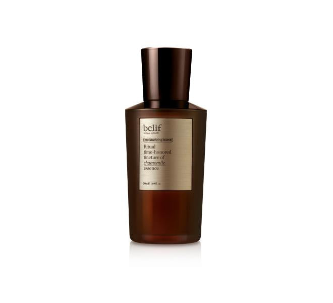 Belif Ritual Chamomile Tincture Essence 50ml — slender glass bottle with apothecary label, angled view