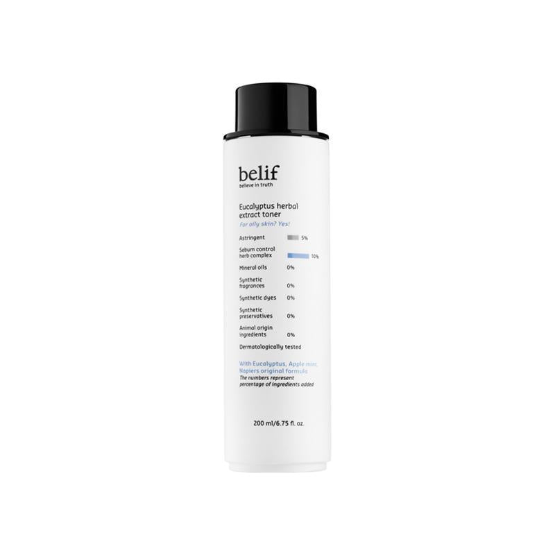 Belif Eucalyptus Herbal Extract Toner 200ml — frosted green bottle with mist cap, front view