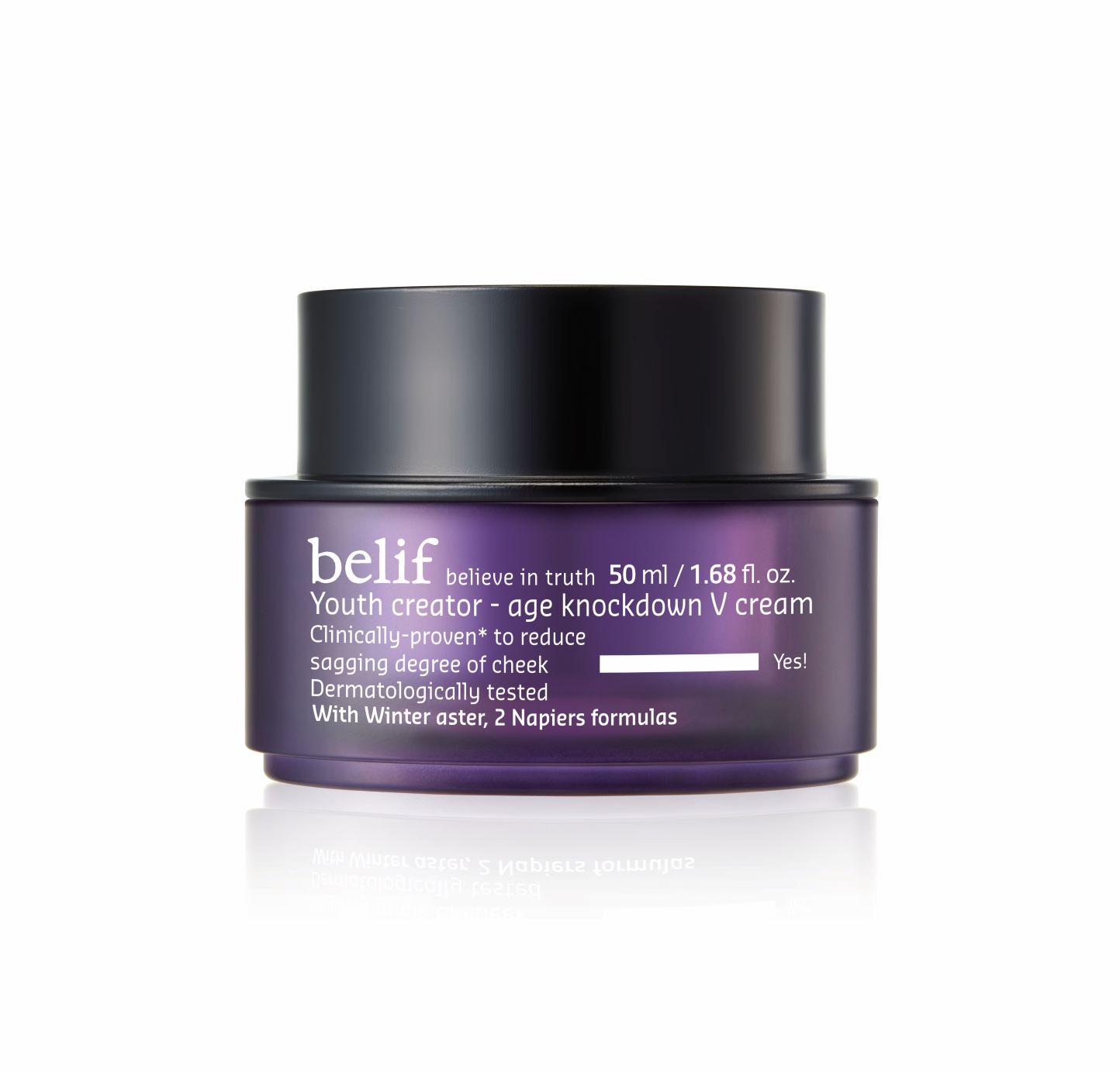 Belif Youth Creator Age Knockdown V Cream 50ml — white jar with gold botanical label, front view
