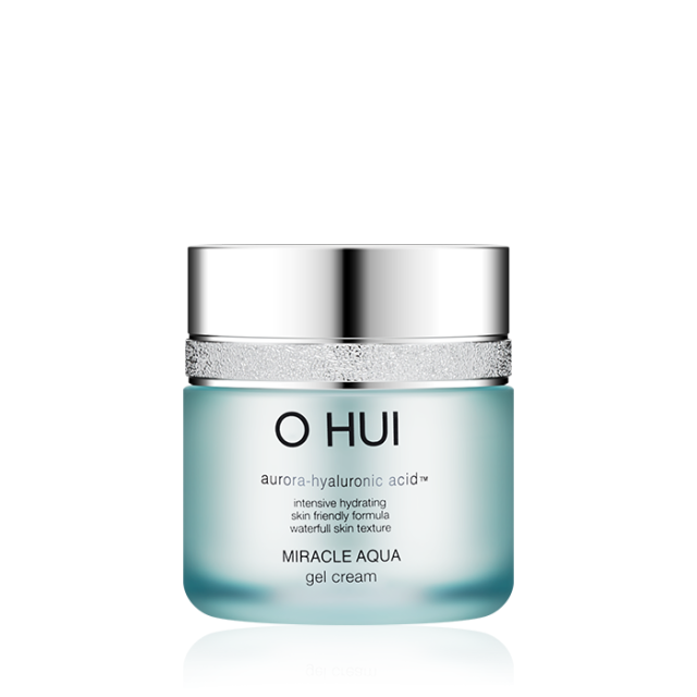 OHui Aqua Gel Cream 50ml — blue-tinted glass jar with clear cooling gel texture visible