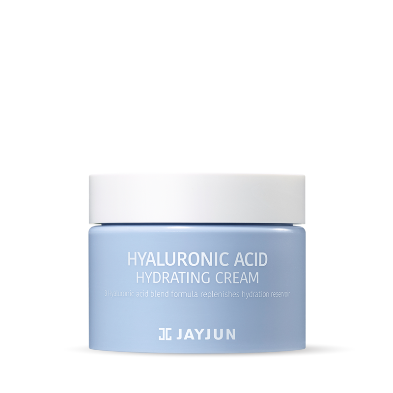 JayJun Hyaluronic Acid Hydrating Cream 50ml — white jar with blue accent and lid off