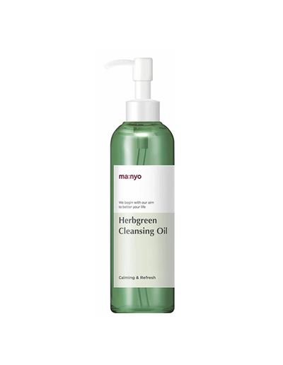 Ma:nyo Herb Green Cleansing Oil 200ml — green-tinted glass bottle with pump on marble counter