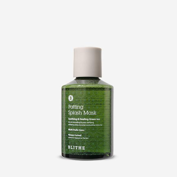 Blithe Patting Splash Mask Soothing Green Tea 150ml — green bottle with leaf motif on clean background