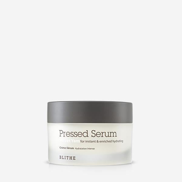 Blithe Pressed Serum Velvet Yam 50ml — purple jar with velvety finish open beside lid