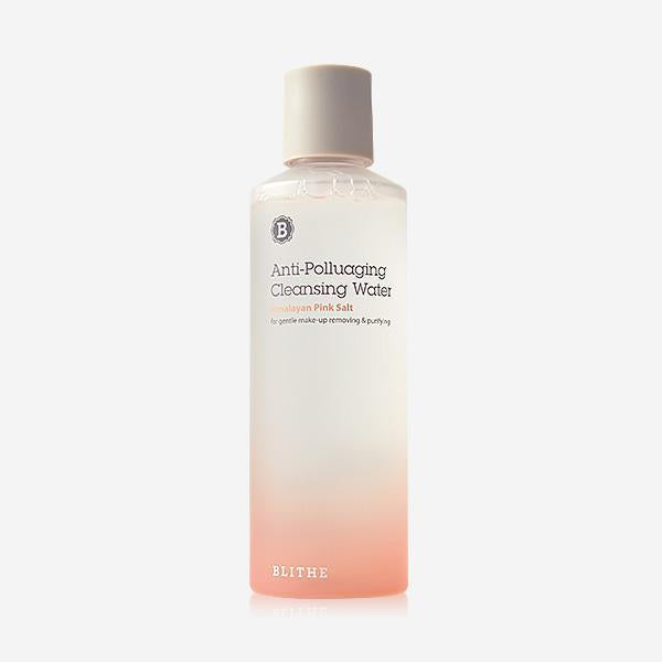 Blithe Anti-Polluaging Cleansing Water 250ml — clear bottle with pink label on pale background