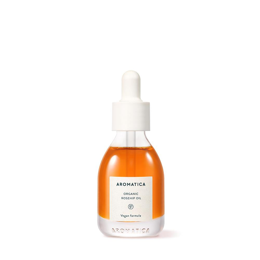 Aromatica Organic Rosehip Oil 30ml — amber dropper bottle with red-orange rosehip label on white background