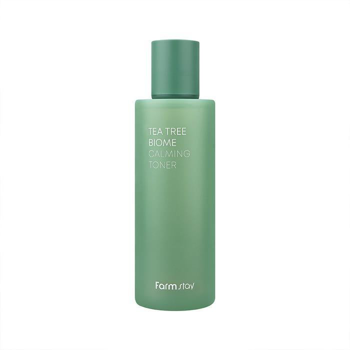 Farmstay Tea Tree Biome Calming Toner 200ml — bottle with green tea tree label, pump top