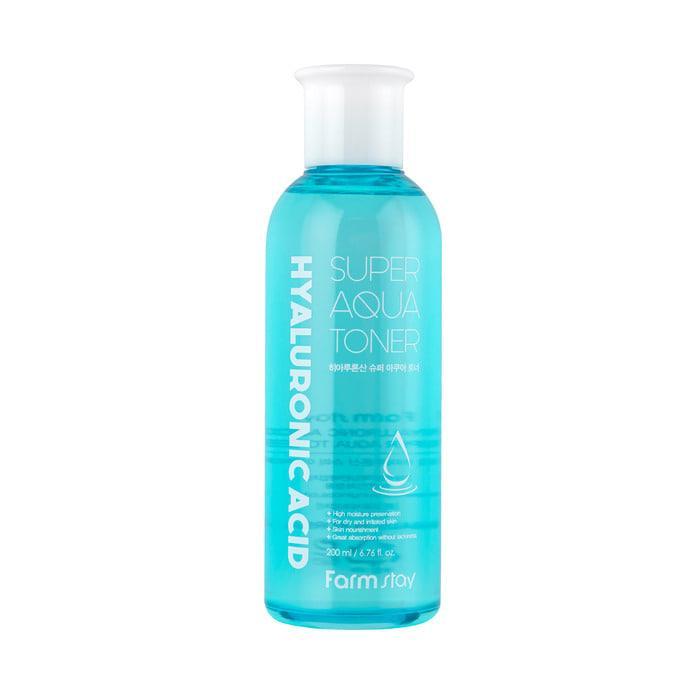 Farmstay Hyaluronic Acid Super Aqua Toner 200ml — clear bottle with aqua blue label, front view