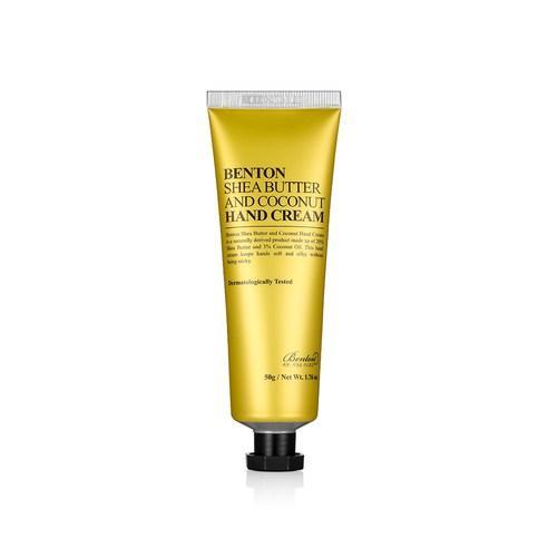 Benton Shea Butter and Coconut Hand Cream 50g — white tube with botanical print label, front view