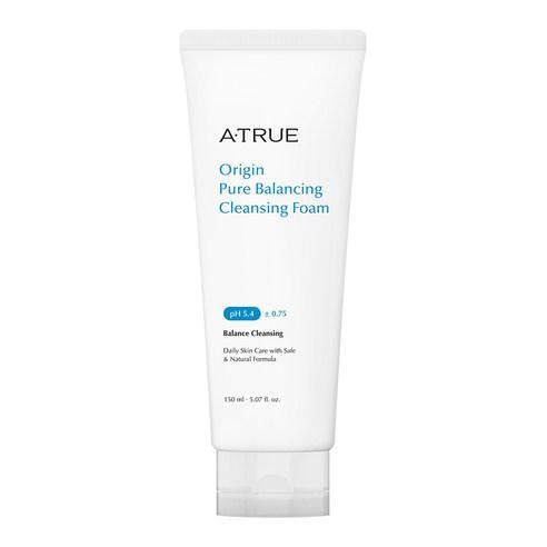 Atrue Origin Pure Balancing Cleansing Foam 150ml — white tube with botanical label showing hibiscus flower