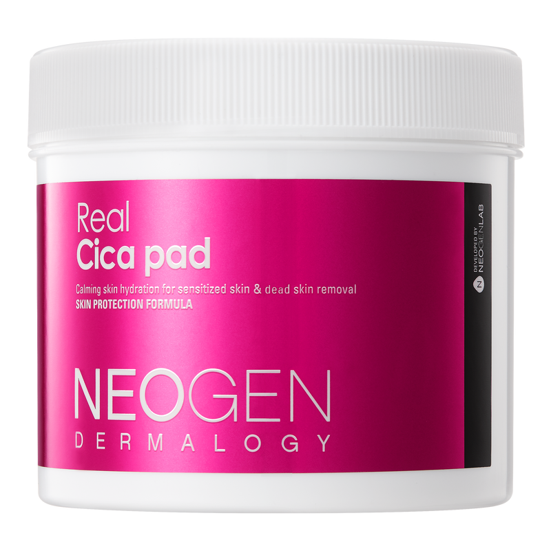 NeoGen Dermalogy Real Cica Pad 90 pads — tub packaging with green cica leaf design on white background
