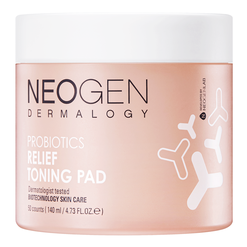 NeoGen Dermalogy Probiotics Relief Toning Pad 50 pads — round tub packaging with probiotics label