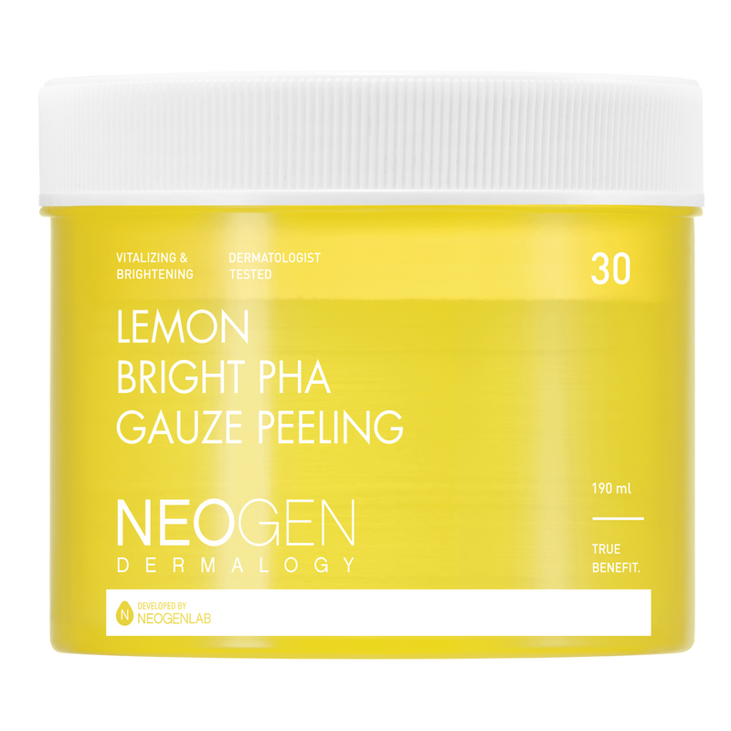 NeoGen Dermalogy Lemon Bright PHA Gauze Peeling 30 pads — yellow tub packaging on white background