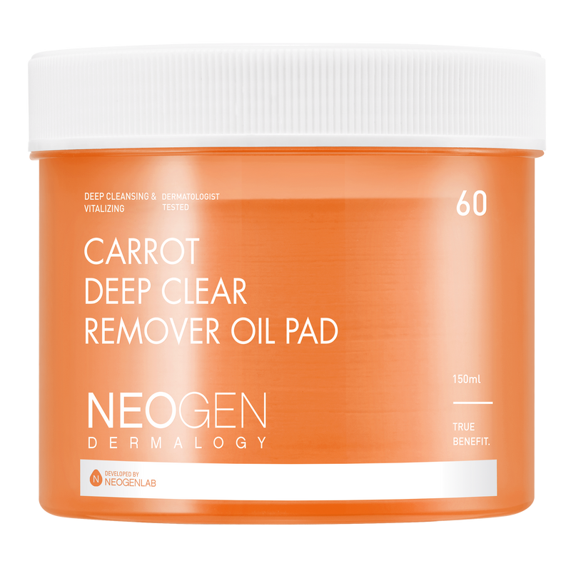 NeoGen Dermalogy Carrot Deep Clear Oil Pad 60 pads — orange tub packaging on white surface