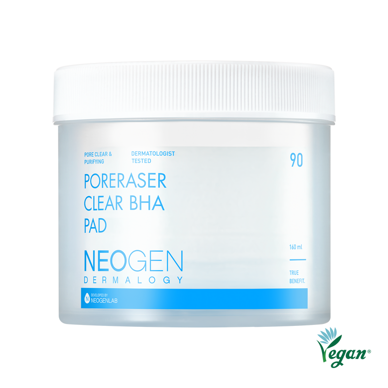 NeoGen Dermalogy Poreraser Clear BHA Pad 90 pads — black tub packaging with pore eraser label