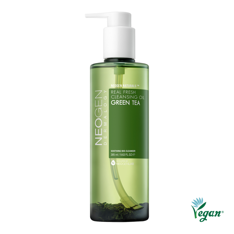 NeoGen Dermalogy Real Fresh Cleansing Oil Green Tea 285ml — pump bottle with green tea leaf design