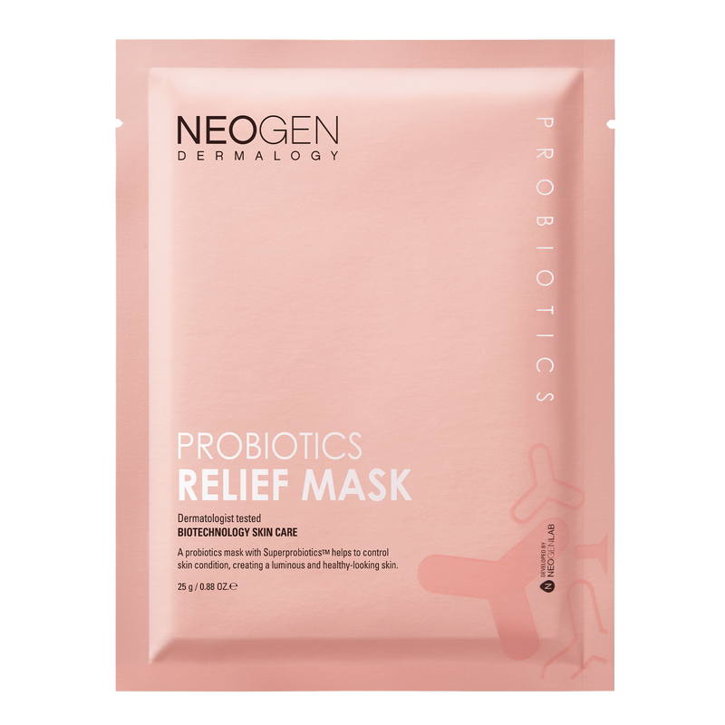 NeoGen Dermalogy Probiotics Relief Mask 5 sheets — mask packet on light background with probiotics branding