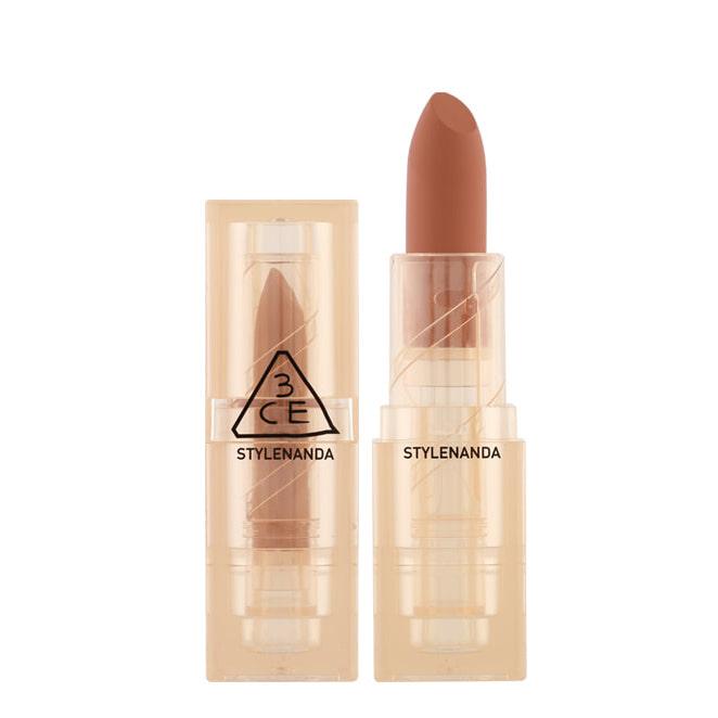 3CE Soft Matte Lipstick Warmish Move — bullet extended showing warm beige-brown shade