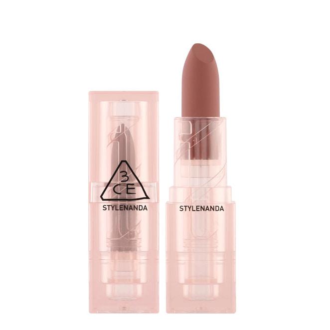3CE Soft Matte Lipstick Way Back — bullet showing muted rose-beige shade with cap beside it
