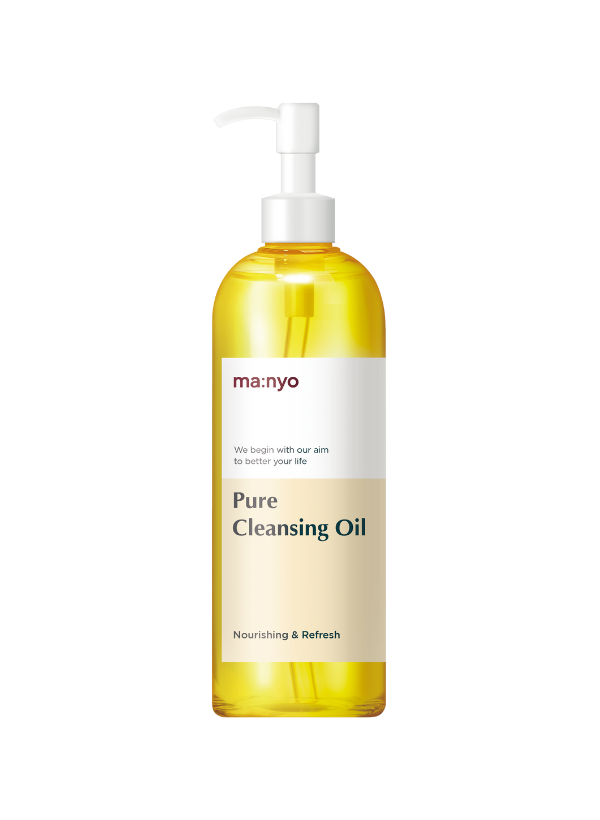 Ma:nyo Pure Cleansing Oil 200ml — dark glass bottle with pump dispenser on marble surface