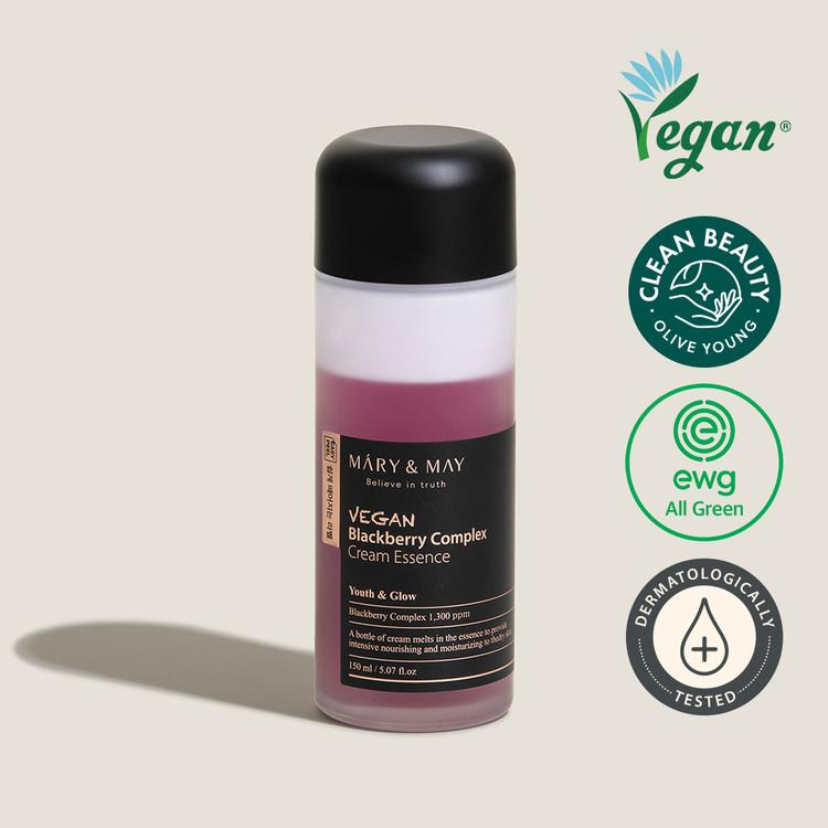 Mary&May Vegan Blackberry Complex Cream Essence 140ml — two-layer bottle showing separated cream and essence phases