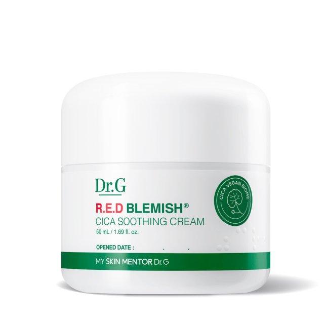 Dr.G Red Blemish Cica Soothing Cream 50ml — red and white tube with flip cap on plain surface
