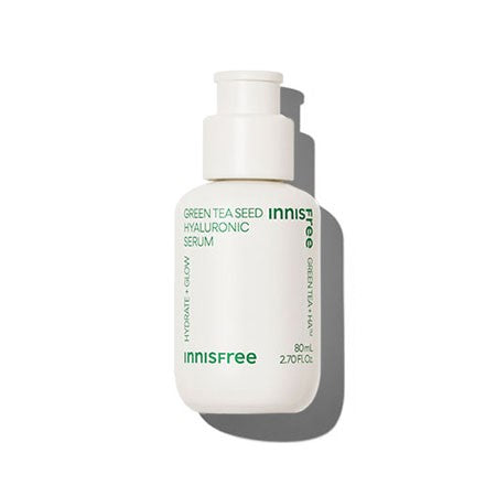 Innisfree Green Tea Seed Hyaluronic Serum 80ml — green pump bottle on white background