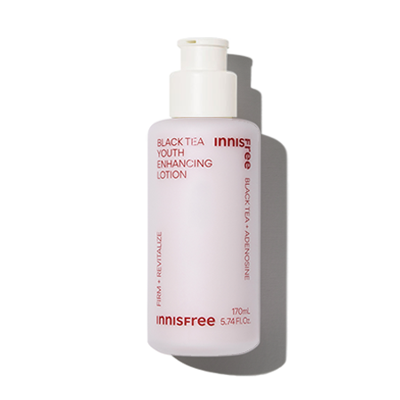Innisfree Black Tea Youth Enhancing Lotion 170ml — dark glass bottle with pump, front view