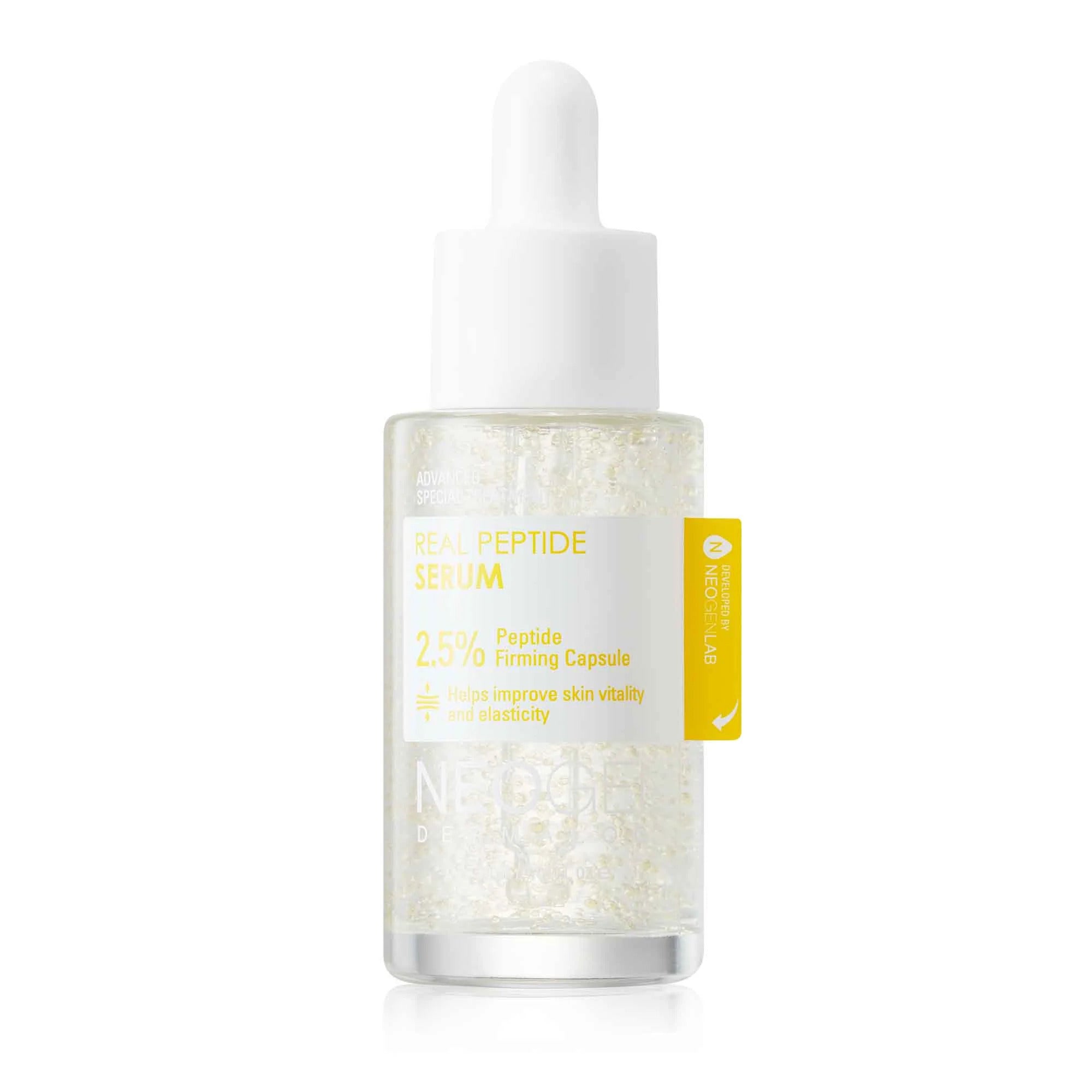 neogen Dermalogy Real Peptide Serum 30ml — clear bottle showing encapsulated peptide beads