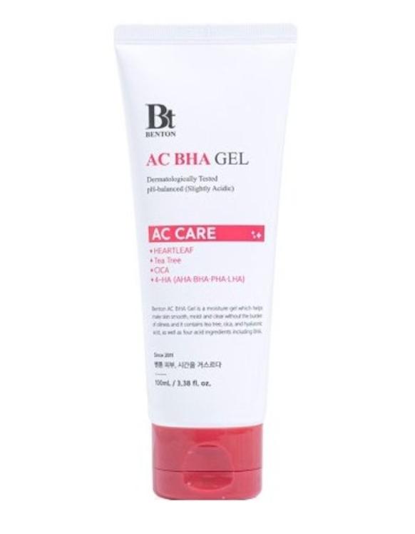benton AC BHA Gel 100ml — transparent gel-formula bottle with green label on white surface