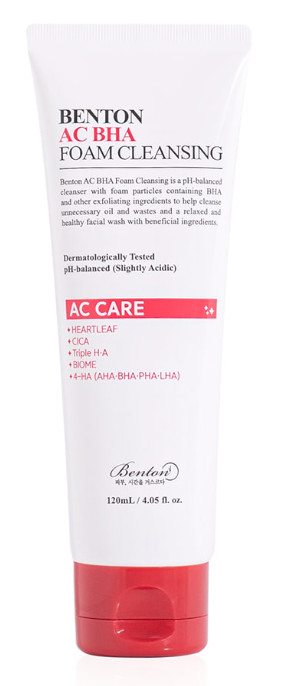 benton AC BHA Foam Cleansing 120ml — green and white tube with BHA label on clean background