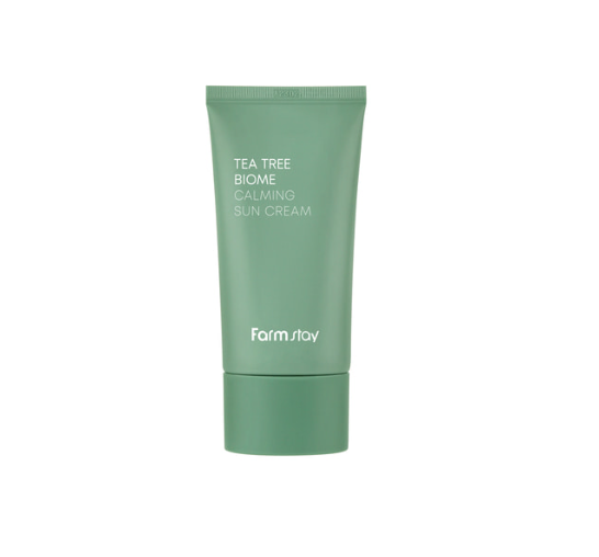Farmstay Tea Tree Biome Calming Sun Cream 50g — white tube with green biome label, front view