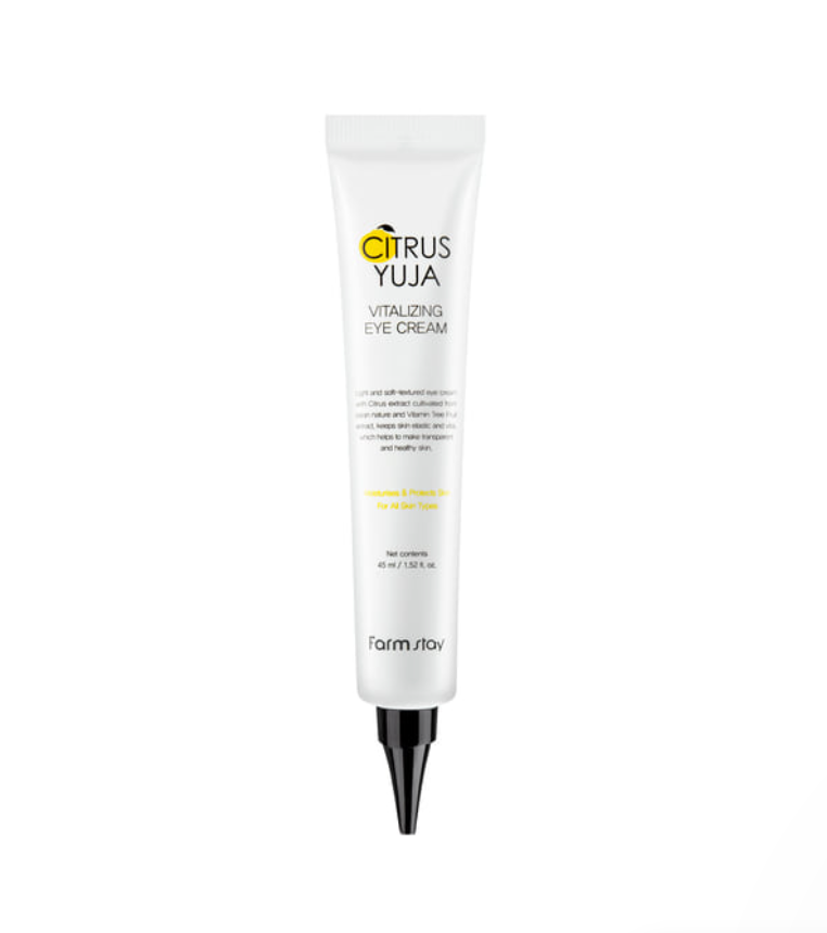 Farmstay Citrus Yuja Vitalizing Eye Cream 45ml — small jar with yellow citrus label, top view
