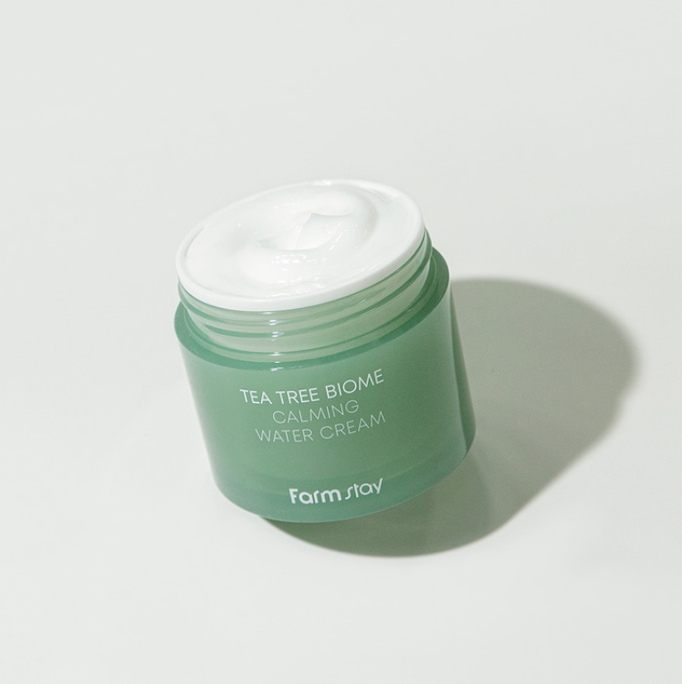 Farmstay Tea Tree Biome Calming Water Cream 80ml — clear gel-tone jar with green biome label