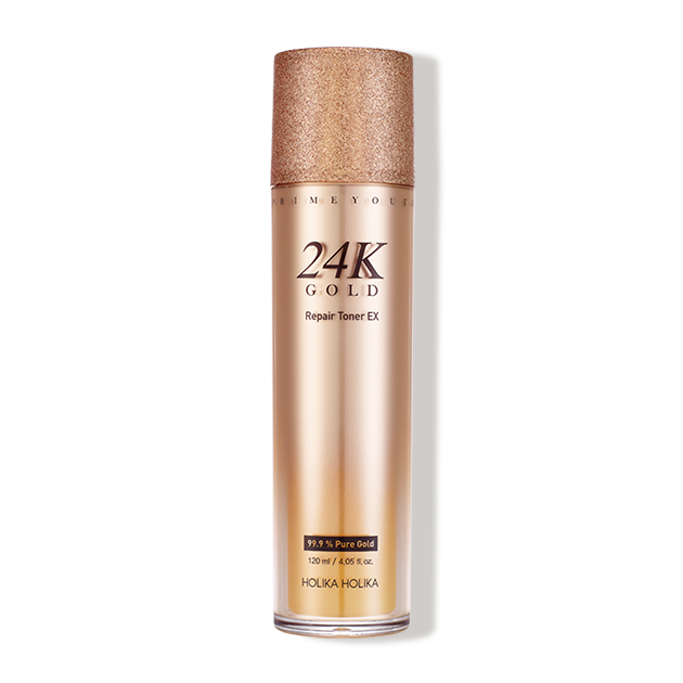 Holika Holika Prime Youth 24K Gold Repair Toner 120ml — gold glass bottle with dropper cap