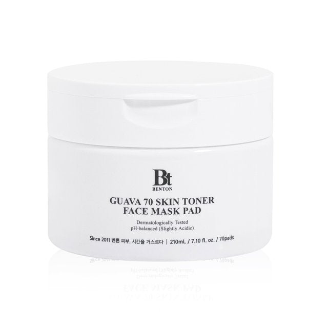 benton Guava 70 Skin Toner Mask Pad 210ml 70pcs — jar with built-in tongs and green guava packaging