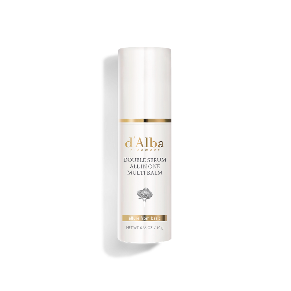 d'Alba Double Serum All-In-One Multi Balm 10g — slim twist-up balm stick with white and gold branding
