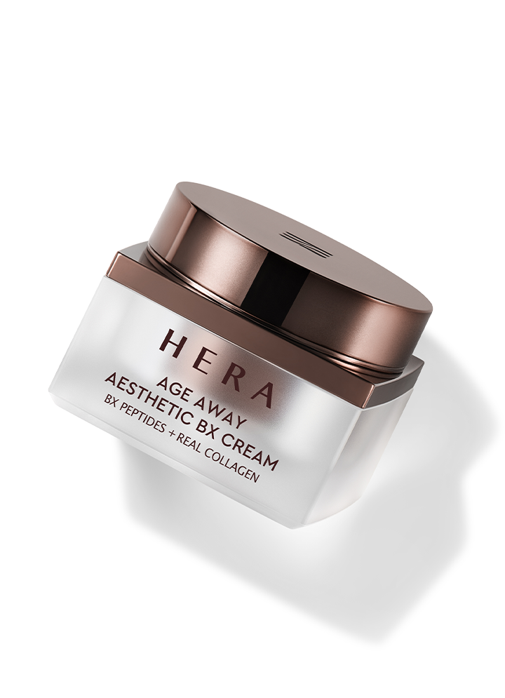 Hera Age Away Aesthetic BX Cream 50ml — black glass jar with metallic lid on dark reflective surface